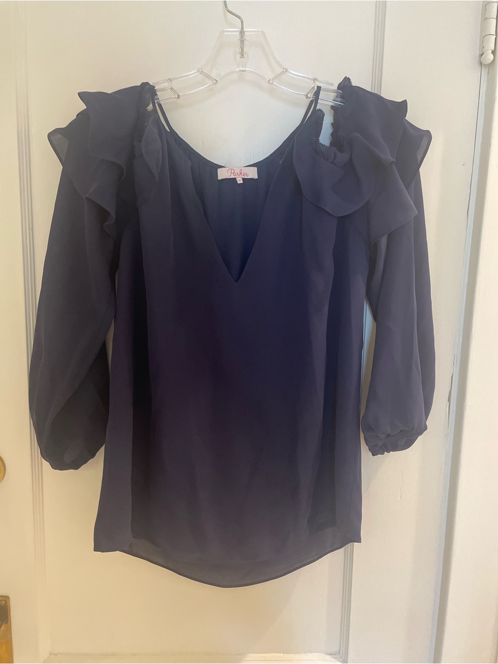 Parker Navy Blue Cold Shoulder Ruffle Long Sleeve Top size SMALL